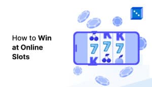 Illustration of a mobile phone displaying online slot game reels with cherries and sevens, alongside casino chips and the title "How to Win at Online Slots."